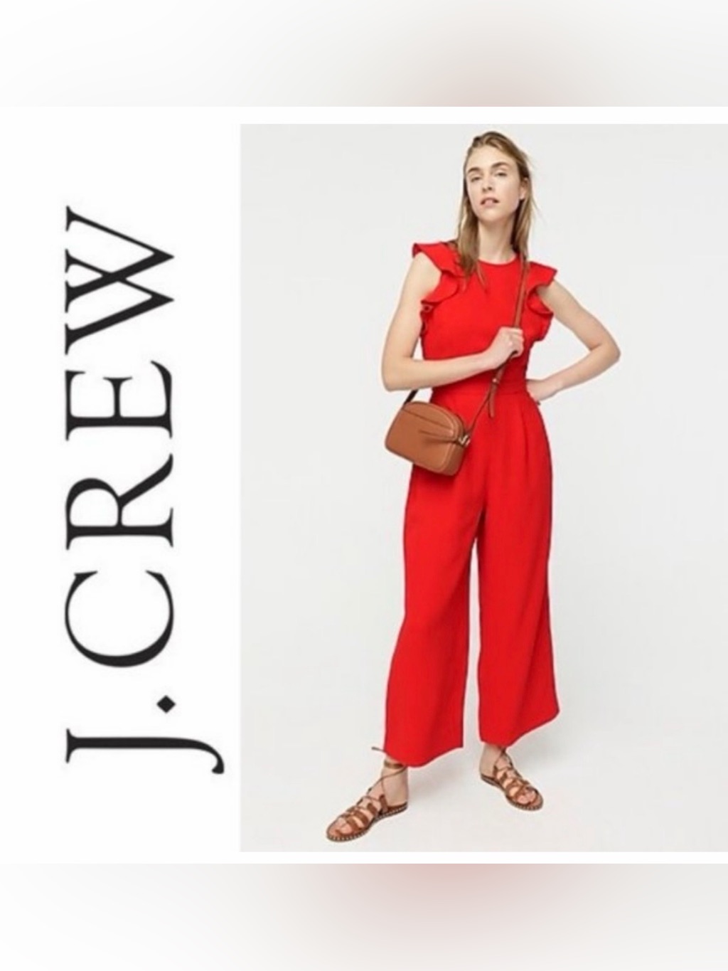 J. Crew Bright Red Ruffle-Sleeve Wide-Leg Jumpsuit